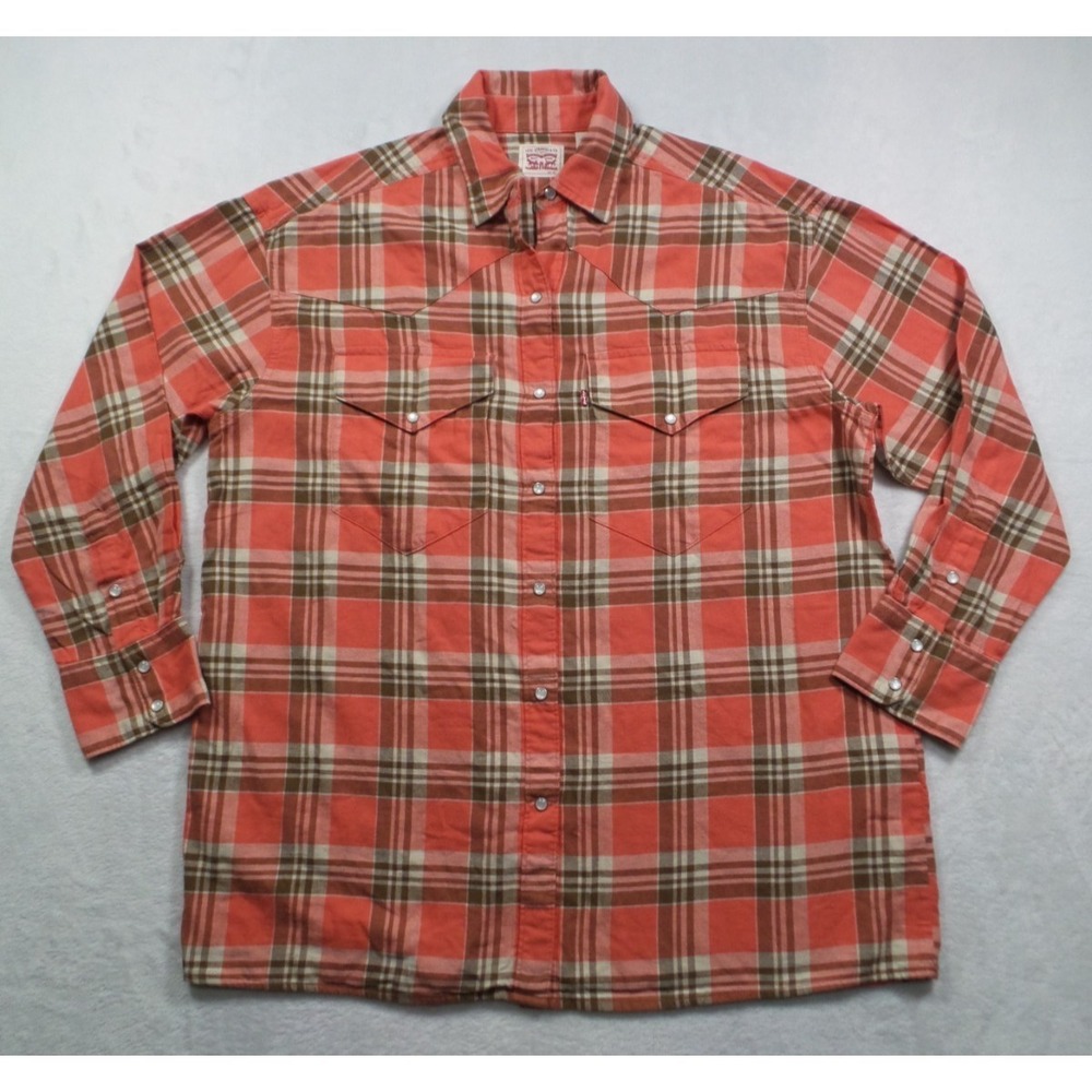Levis Shirt Womens Size XS Orange Brown Plaid Western Pearl Snap Pockets NWT